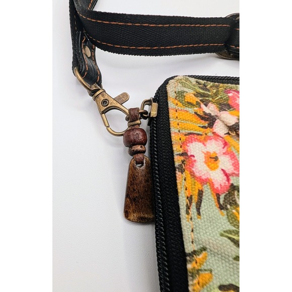 Vaan & Co Upcycled Leather Tropical Floral Crossbody Wallet Bag Yellow Black - Picture 13 of 15